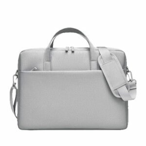 Sac ordinateur gris clair élégant avec poignées solides, bandoulière réglable et poche frontale pratique.