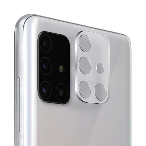 Smartphone argenté élégant avec module photo quadruple brillant et design moderne haut de gamme.