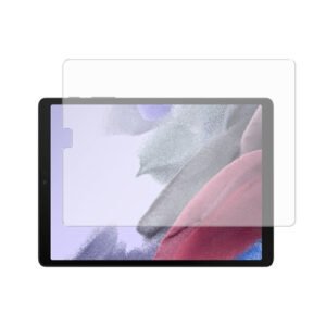 Tablette moderne avec protection d’écran en verre trempé et fond abstrait pastel élégant.