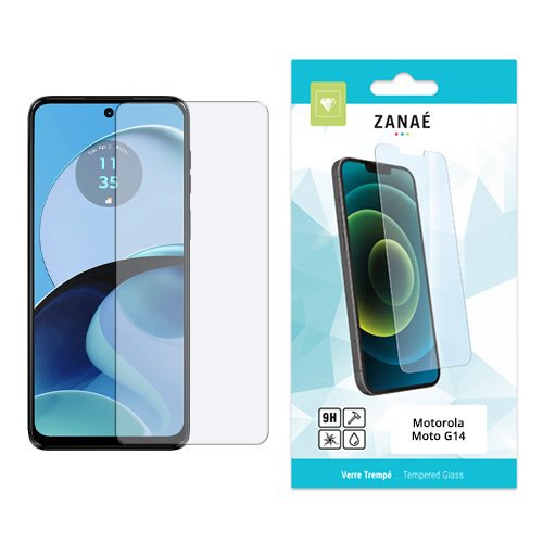 Protection d’écran en verre trempé ZANAÉ pour Motorola Moto G14 avec emballage blanc et turquoise