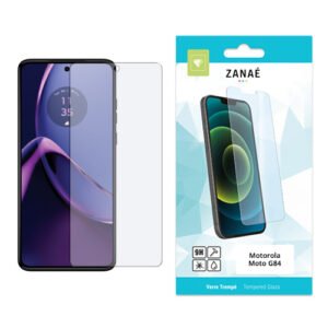 Verre trempé ZANAÉ pour Motorola Moto G84 avec smartphone et emballage blanc turquoise.