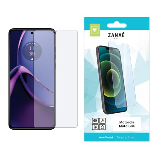 Verre trempé ZANAÉ pour Motorola Moto G84 avec smartphone et emballage blanc turquoise.
