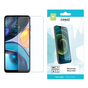 Verre trempé 9H ZANAE pour Motorola Moto G22 avec emballage blanc et turquoise.