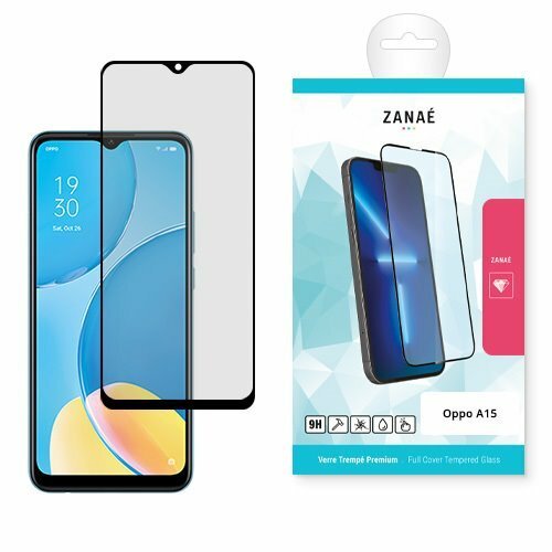 Verre trempé ZANAE pour Oppo A15 avec smartphone et emballage élégant blanc et bleu