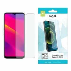 Verre trempé ZANAĒ 9H pour Oppo A5 et A9 2020 avec emballage bleu et blanc.