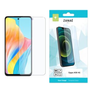 Verre trempé ZANAÊ 9H transparent pour Oppo A58 4G avec emballage blanc et bleu moderne.