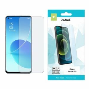 Verre trempé ZANAË transparent et résistant pour Oppo Reno6 5G avec emballage produit élégant.