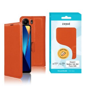 Coque folio orange ZANAÉ pour Xiaomi Redmi 13C et Poco C65, élégante et protectrice.