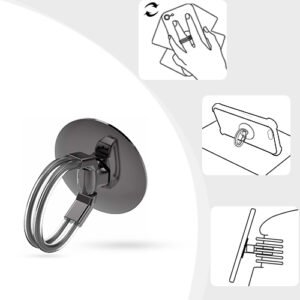Support anneau téléphone en métal gris pivotant, adhésif et compatible avec support magnétique voiture.