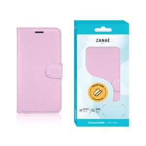 Étui folio rose ZANAÉ avec couture raffinée et fermoir magnétique, protection élégante pour smartphone.