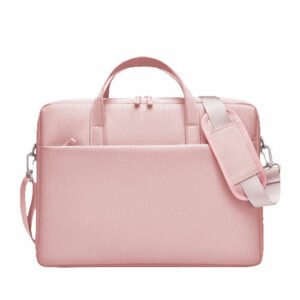 Sac d’ordinateur portable rose moderne avec poignées rembourrées et bandoulière ajustable élégante.