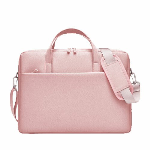 Sac d’ordinateur portable rose moderne avec poignées rembourrées et bandoulière ajustable élégante.