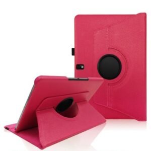 Étui tablette rose rotatif en cuir synthétique avec support vertical ou horizontal élégant.