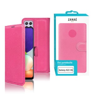 Étui portefeuille rose en cuir synthétique ZANAÉ pour Samsung Galaxy A22 4G.