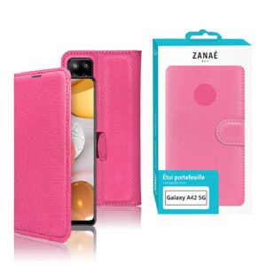 Étui portefeuille rose vif ZANAÉ pour Samsung Galaxy A42 5G avec finition cuir élégante.