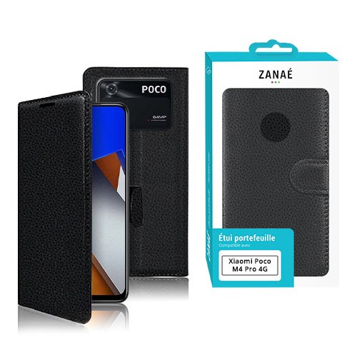 Étui portefeuille noir ZANAÉ pour Xiaomi Poco M4 Pro 4G, cuir grainé et protection élégante.