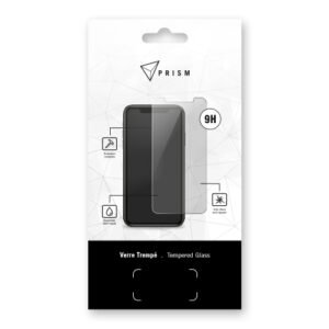 Emballage blanc et noir du verre trempé PRISM 9H pour smartphone, design moderne et résistant.