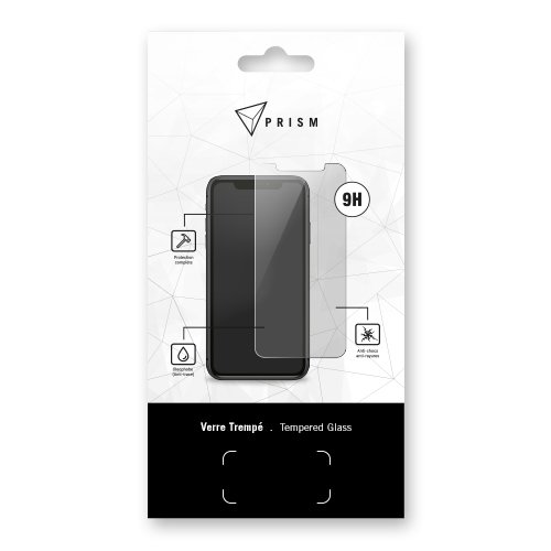 Emballage Prism pour verre trempé smartphone, design blanc moderne avec logo géométrique et icônes 9H.