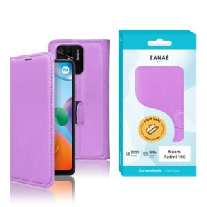 Étui folio violet ZANAÉ pour Xiaomi Redmi 10C, protection élégante avec finition cuir raffinée.