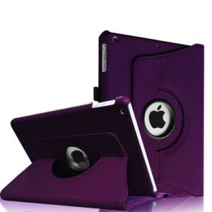 Étui iPad violet rotatif en similicuir avec support stable pour orientation portrait ou paysage.