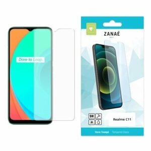 Verre trempé ZANAÉ pour Realme C11 avec emballage turquoise et protection écran transparente.