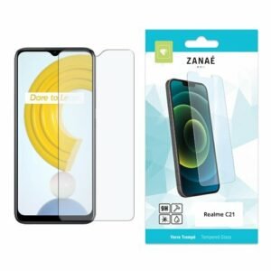Protection écran verre trempé ZANAÉ pour Realme C21 avec emballage bleu et vert moderne.