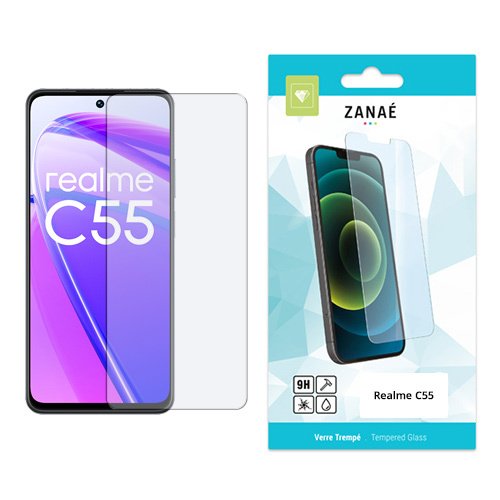 Verre trempé ZANAÉ 9H pour Realme C55, protection d’écran durable et élégante.