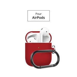 Coque rouge mate pour AirPods avec mousqueton noir, protection moderne et élégante.