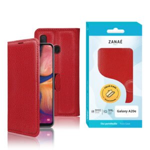 Étui portefeuille rouge ZANAÉ pour Samsung Galaxy A20e, cuir texturé avec protection complète.