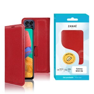 Étui folio rouge en similicuir pour Samsung Galaxy M33 5G, design élégant et protection complète.