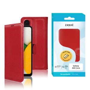 Étui folio rouge en similicuir pour Samsung Galaxy A03 Core avec fermeture magnétique élégante.