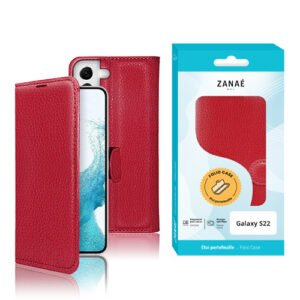 Étui portefeuille rouge en cuir texturé pour Samsung Galaxy S22 avec rabat magnétique élégant.