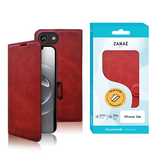 Étui portefeuille rouge en simili cuir ZANAÉ pour iPhone 14e avec fermeture à rabat élégante.