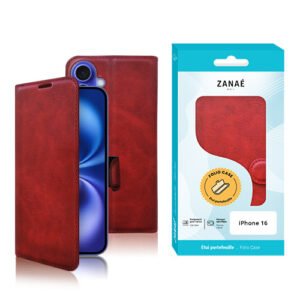 Coque folio rouge ZANAÉ pour iPhone 16, design cuir élégant avec fermeture magnétique.