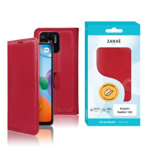 Étui portefeuille en cuir rouge avec fermeture magnétique pour Xiaomi Redmi 10C, marque Zanaé.