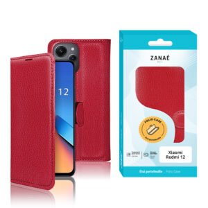 Étui portefeuille rouge en cuir pour Xiaomi Redmi 12 avec fermeture magnétique ZANAÉ.