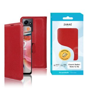 Étui folio rouge en cuir pour Xiaomi Redmi Note 12 4G avec coffret élégant.