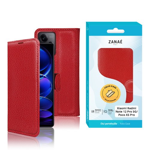 Étui folio rouge pour Xiaomi Redmi Note 12 Pro 5G et Poco X5 Pro ZANAÉ.