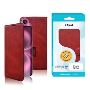 Étui folio rouge en similicuir ZANAÉ pour iPhone 16 Plus avec fermeture magnétique élégante.