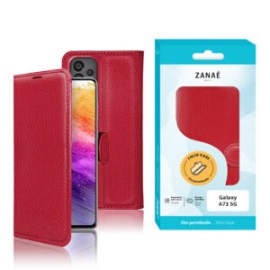 Étui folio rouge en cuir grainé ZANAÉ pour Samsung Galaxy A73 5G, design élégant.