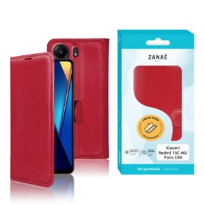 Étui folio rouge en cuir magnétique pour Xiaomi Redmi 13C et Poco C65.