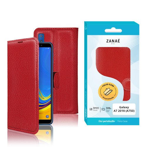 Étui portefeuille rouge en cuir ZANAÉ pour Samsung Galaxy A7 2018 avec emballage élégant.