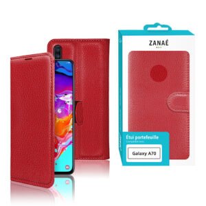 Étui portefeuille en cuir rouge pour Samsung Galaxy A70 avec design élégant et protection complète.