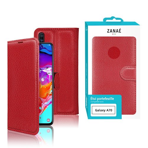 Étui portefeuille en cuir rouge pour Samsung Galaxy A70 avec design élégant et protection complète.