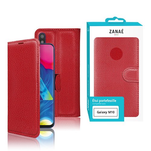 Étui portefeuille rouge en similicuir pour Samsung Galaxy M10, élégant et fonctionnel.