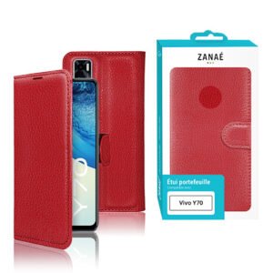Étui portefeuille rouge en cuir synthétique pour Vivo Y70 avec fermeture magnétique élégante.