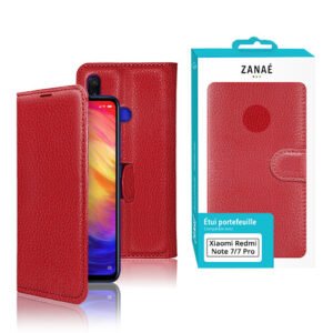 Étui portefeuille rouge en cuir ZANAÉ pour Xiaomi Redmi Note 7 et 7 Pro.