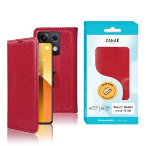 Étui rouge à rabat imitation cuir pour Xiaomi Redmi Note 13 5G avec protection intégrale.