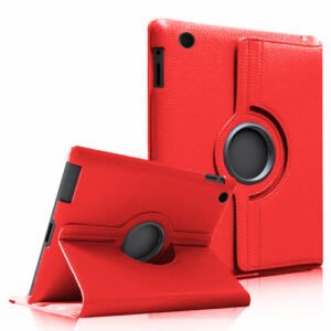 Étui rotatif rouge pour tablette avec support pliable, design élégant et protection intégrale.
