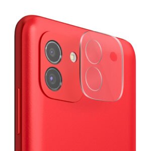 Smartphone rouge avec double caméra et protection d’objectif transparente élégante et moderne.